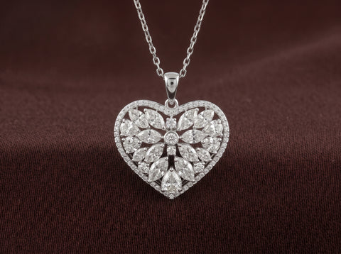 Sweetheart Blossom Moissanite Heart Pendant in Sterling Silver