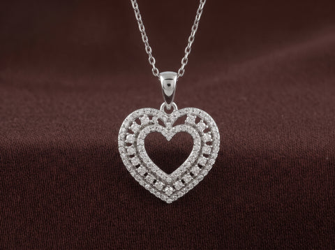 Double Halo Open Heart Moissanite Pendant in Sterling Silver
